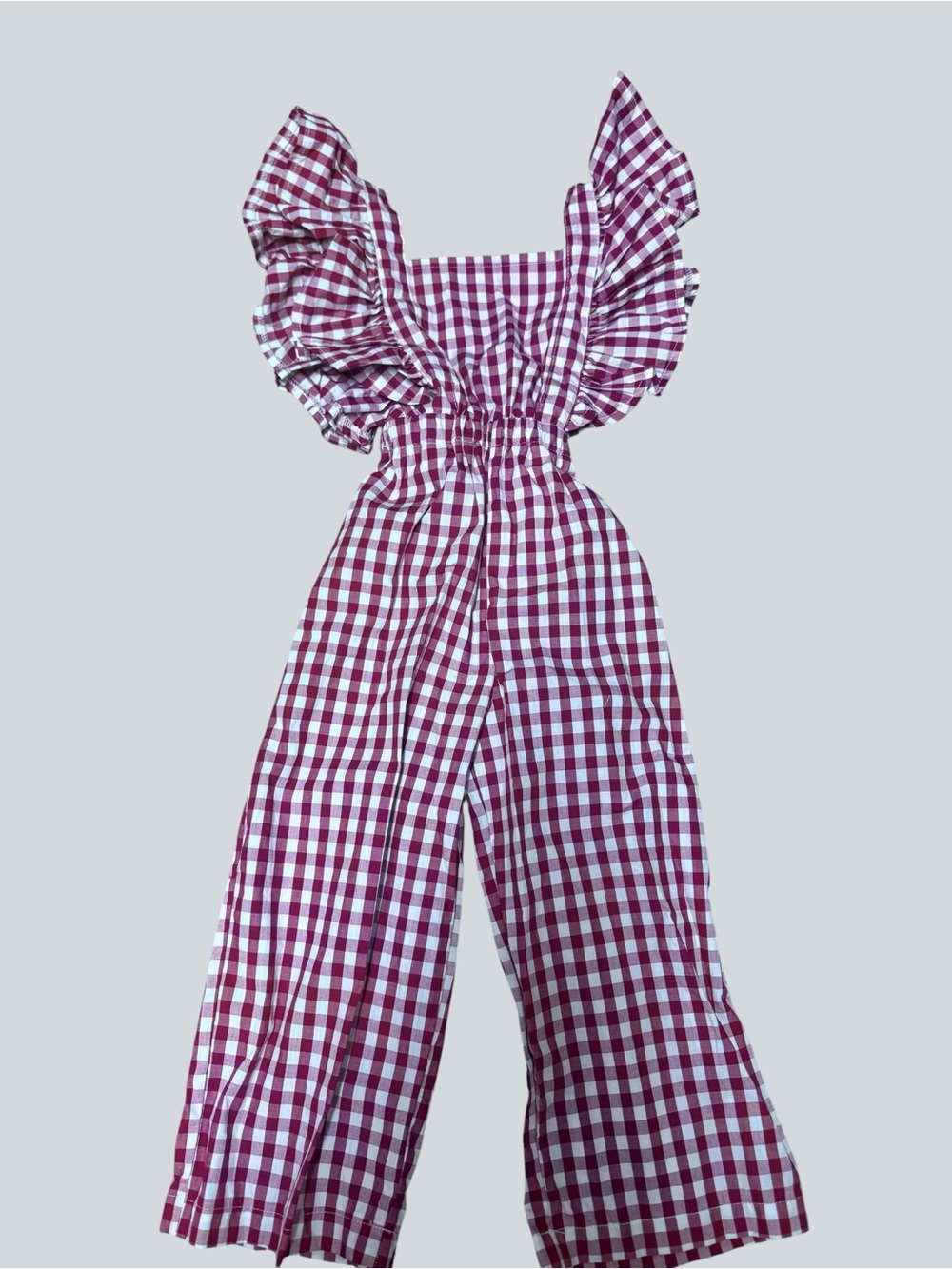 Girls Gingham Ruffle Jumpsuit - Pink/White